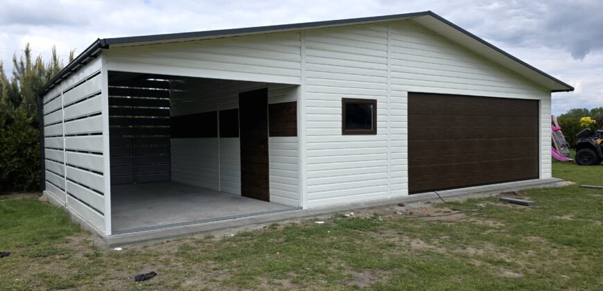 Garaż blaszany 11m x 6m (66m2) RAL9010 + Orzech