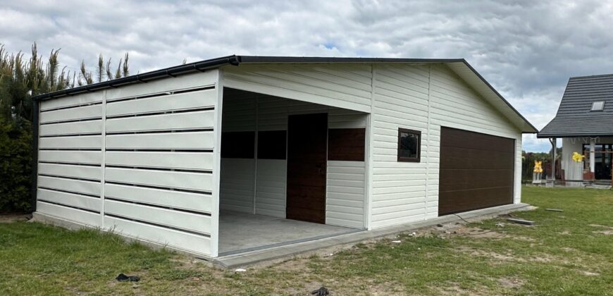 Garaż blaszany 11m x 6m (66m2) RAL9010 + Orzech