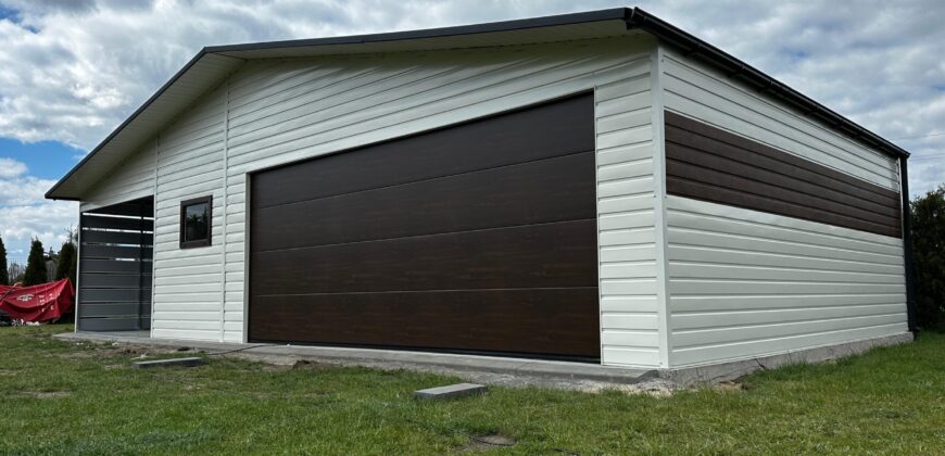 Garaż blaszany 11m x 6m (66m2) RAL9010 + Orzech