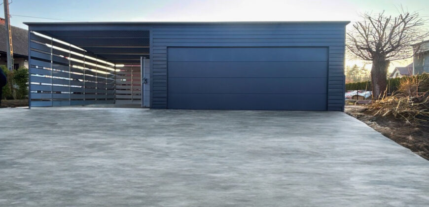 Garaż 6m x 5,80m + wiata 4m (do35m2) Grafit MAT, brama segmentowa