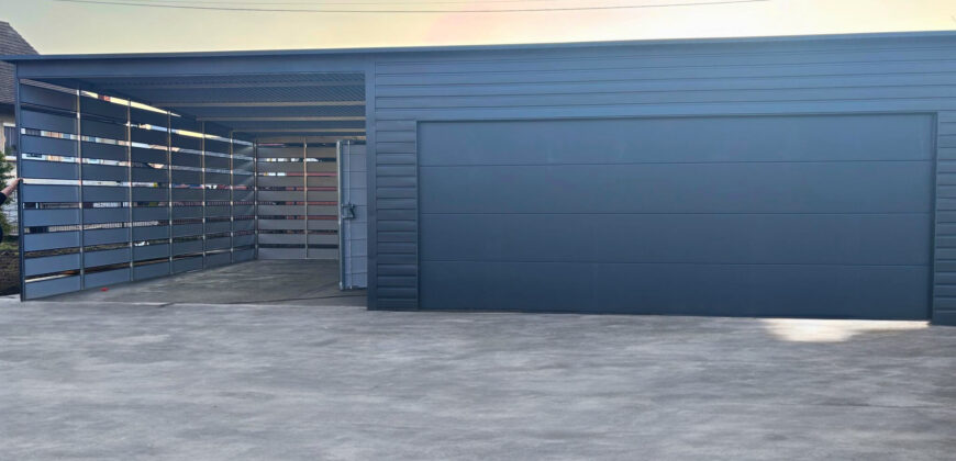 Garaż 6m x 5,80m + wiata 4m (do35m2) Grafit MAT, brama segmentowa