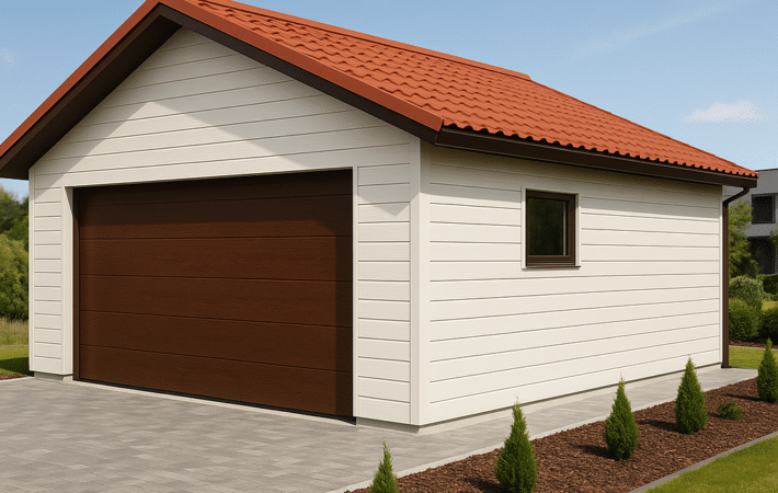 Garaż drewniany 6m x 6m, brama segmentowa, blachodachówka