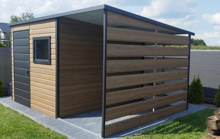 Domek ogrodowy 2,5m x 3m + 1,5m wiata, Winchester + Grafit