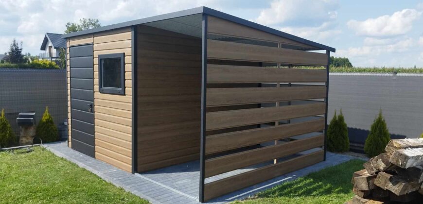 Domek ogrodowy 2,5m x 3m + 1,5m wiata, Winchester + Grafit