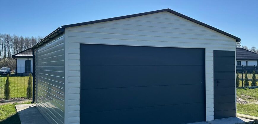 Garaż blaszany 5,5m x 5,5m(do 35m2) Bialy + Grafit, brama segmentowa 