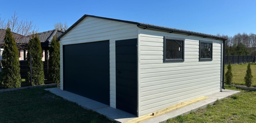 Garaż blaszany 5,5m x 5,5m(do 35m2) Bialy + Grafit, brama segmentowa 