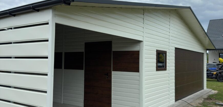 Garaż blaszany 11m x 6m (66m2) RAL9010 + Orzech