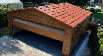 Garaż 6m x 6m drewnopodobny, brama segmentowa 5m, blachodachówka