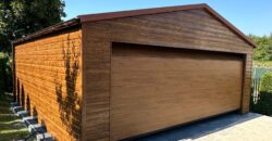Garaż 6m x 6m drewnopodobny, brama segmentowa 5m, blachodachówka