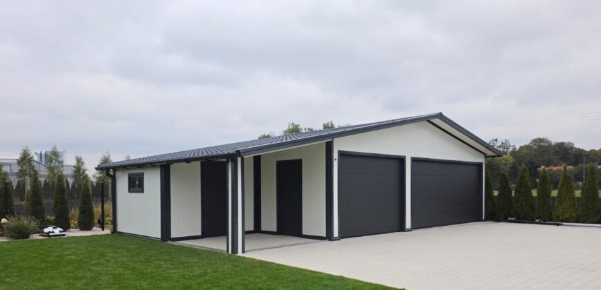 Garaż z płyty warstwowej PIR60mm 12m x 6m, biały + antracyt