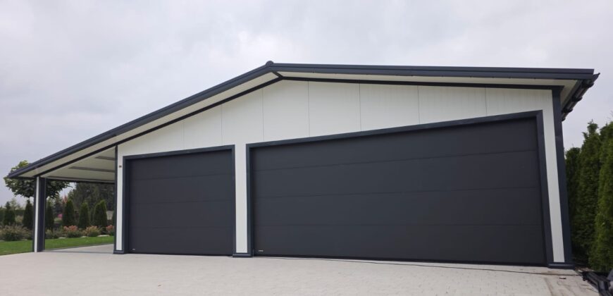 Garaż z płyty warstwowej PIR60mm 12m x 6m, biały + antracyt
