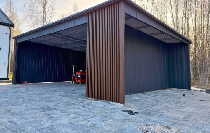 Wiata garażowa 7,50m x 8m, Carport, RAL7016 + Orzech