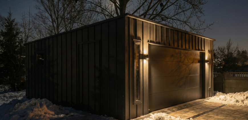 Garaż 6×5.80m z blachy na rąbek stojący RAL7016