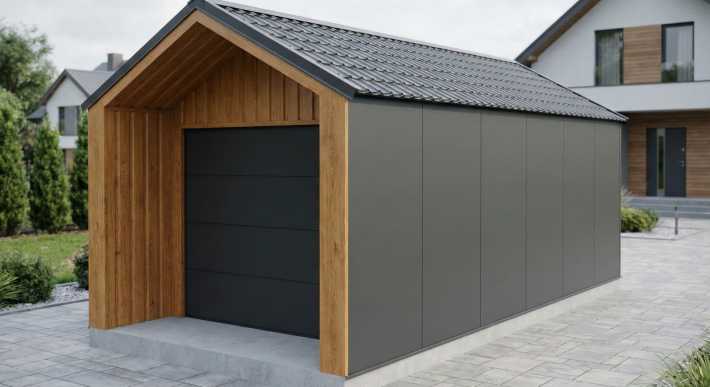 BarnBox z płyty warstwowej – nowoczesny garaż premium RAL 7016