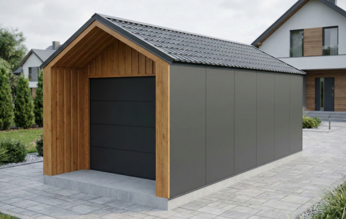 BarnBox z płyty warstwowej – nowoczesny garaż premium RAL 7016